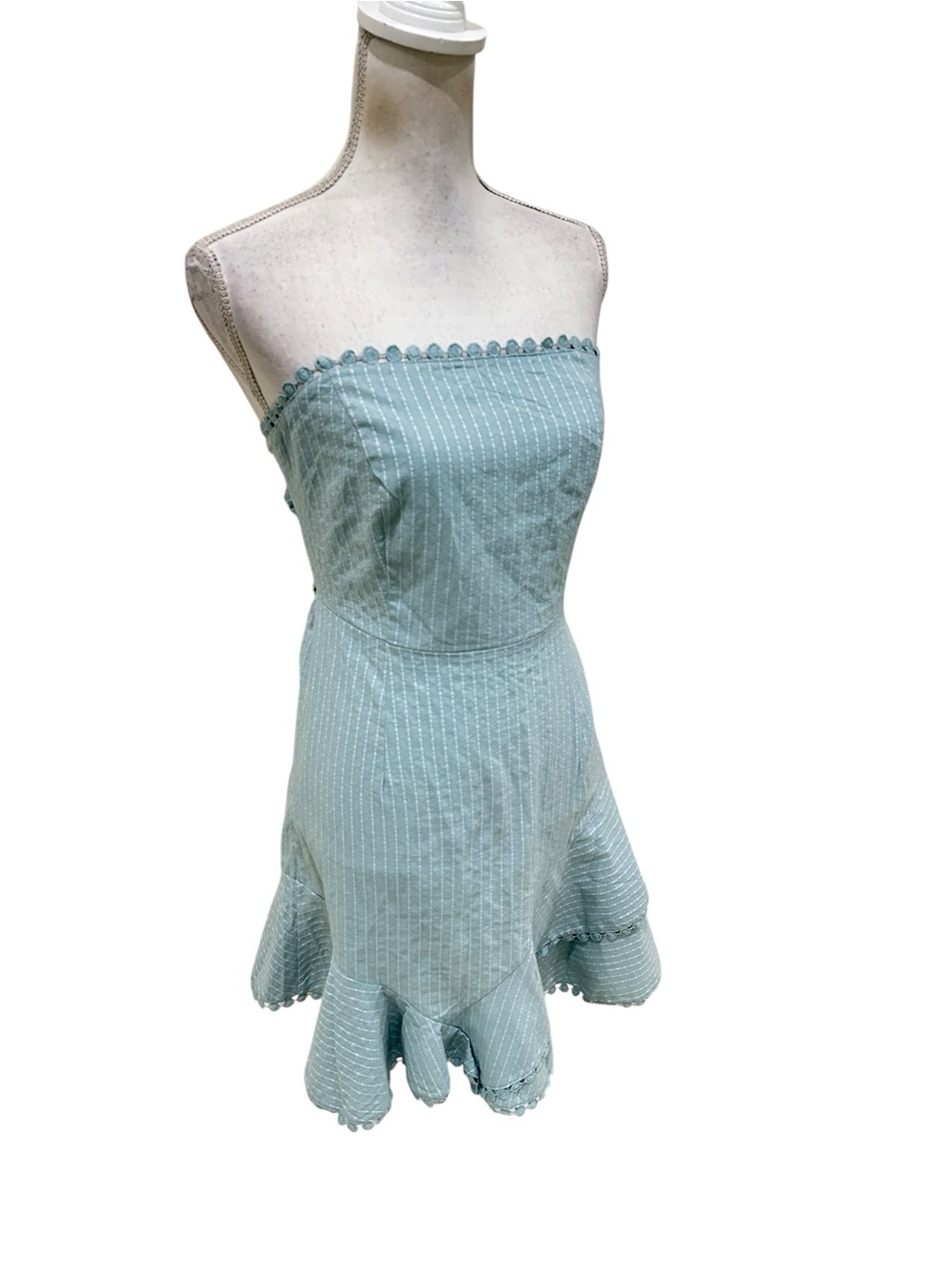 NWT Simplee Strapless Mint-Blue Pinstripe mini Dress back tie Pom Pom sz large - Picture 3 of 9